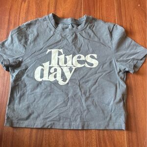 SHEIN Gray Crop Top with 'Tuesday' Print